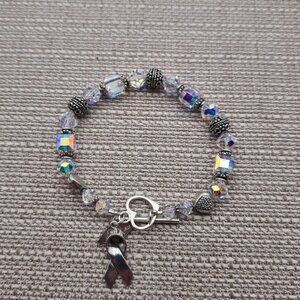 8 Inch Sterling Silver Breast Cancer Charm Crystal Bracelet B437